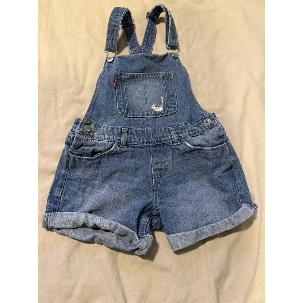 Levis Girls Denim Shortalls Bib Overall Shorts Country Distressed Size 7 12